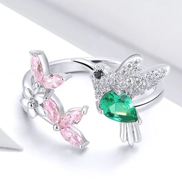 Sterling Silver Hummingbird Ring Adjustable Size 7 CZ Pink Flowers Green Body - Picture 16 of 16